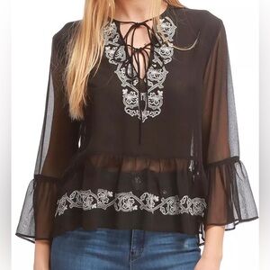 Walter Baker Black Nat w/ White Nat Embroidered Blouse Top,Size-Small